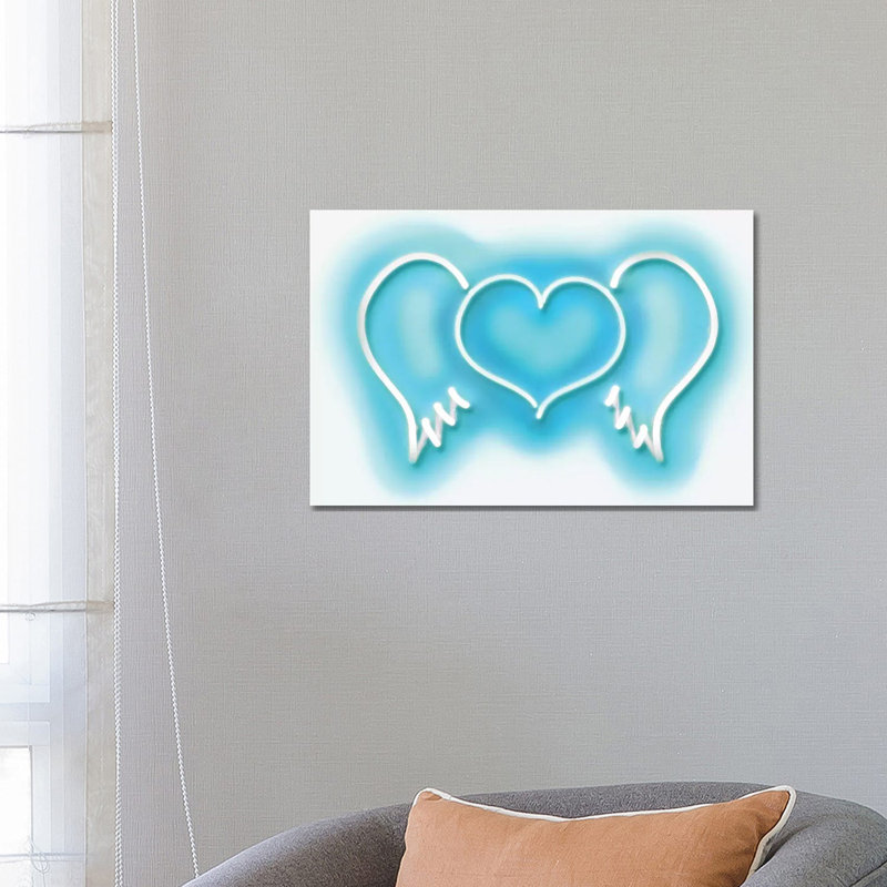 Neon Heart Wings Aquaon White by Hailey Carr - Wrapped Canvas Print, 66.04 cm H x 45.72 cm W x 3.175 cm D
