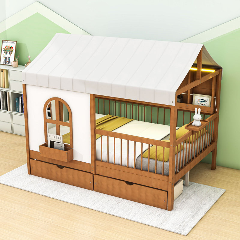 Lit maison avec 2 tiroirs, bibliothèque à DEL et ports de chargement, Noyer