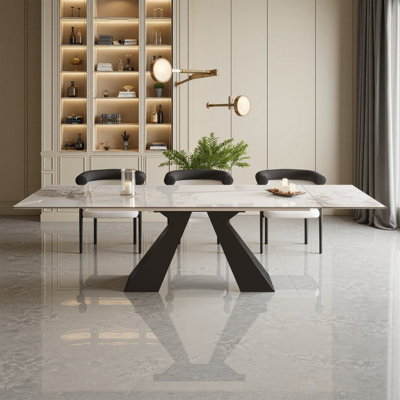 63-Inch To 94.5-Inch Extendable Sintered Stone Dining Table, Seats 8-10 People, With Metal Base