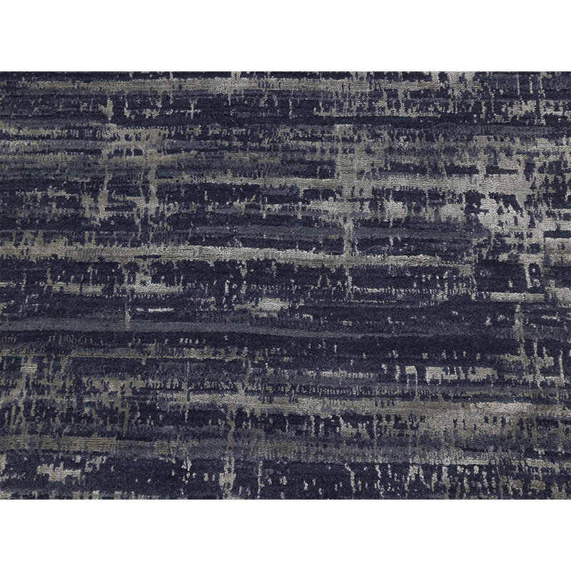 Tapis rectangulaire en laine / soie noué à la main bleu marine / beige, Rectangle 12 pi x 15 pi