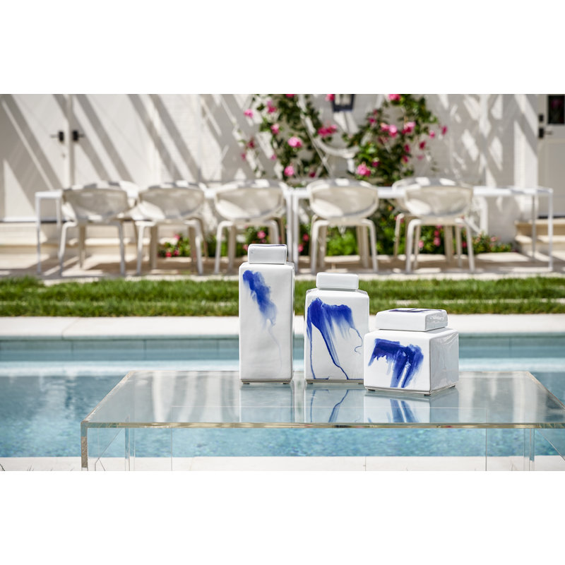 Vase de table en céramique blanc / bleu 12,5 po