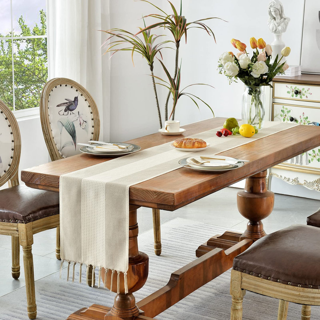 Cotton Linen Table Runner 180cm Long with Tassels, Macrame Table Runner for Holiday Parties and Everyday Use