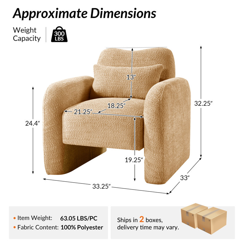 Fidele 33"W Modern Upholstered Armchair with Lumbar Support Pillow, Camel
