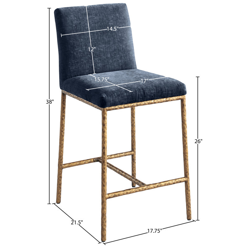 Tabouret de comptoir rembourré Reeves, Tissu chenille bleu marine, Or brossé
