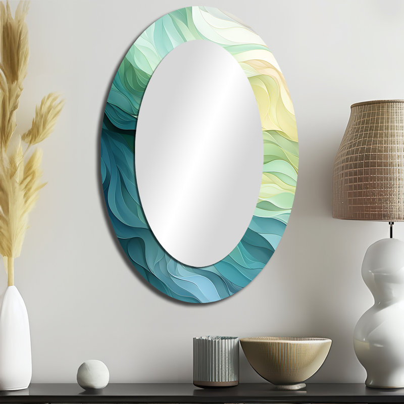 Gree and White Sway Wave Serenity I - Grand miroir mural ovale sur métal, 36 po x 24 po