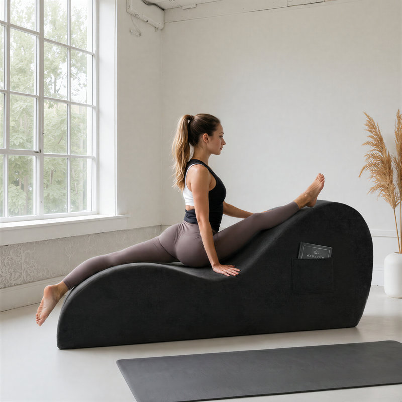 61" Upholstered Yoga Chaise Lounge with Storage Pocket, Black, Black