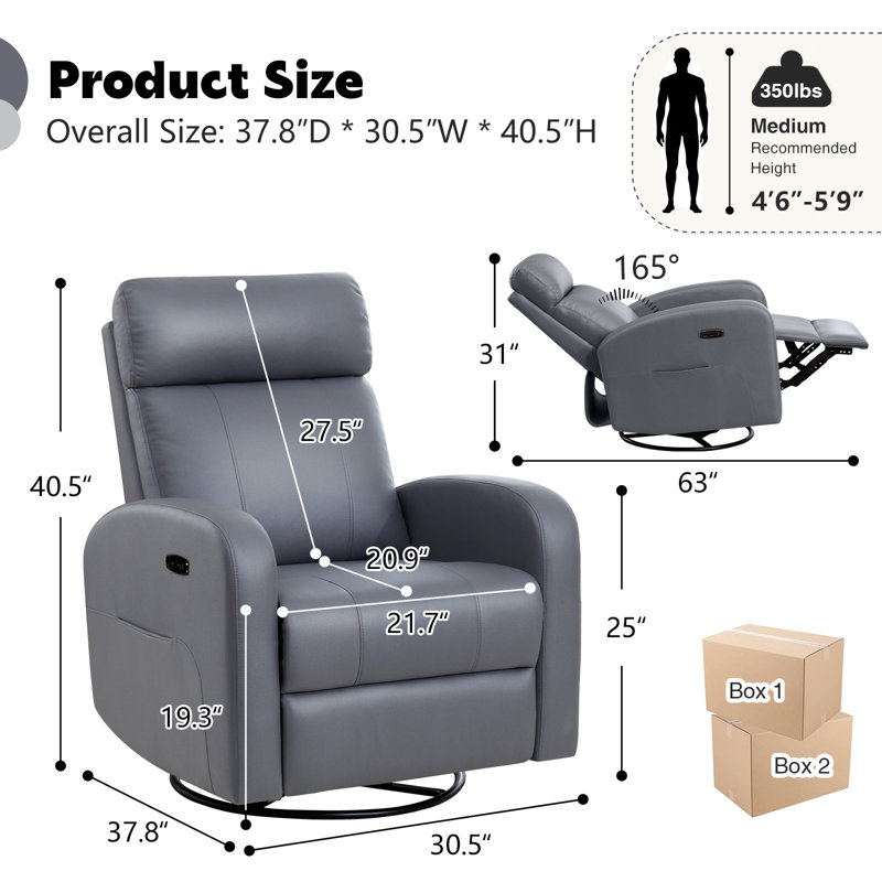 Gray Faux Leather Swivel Rocker Recliner with USB Port