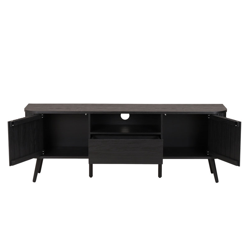 Damien 70" Mid-Century Fluted Black TV Stand for TVs up to 75", Wood Entertainment Center Media Console with Soft-Close Doors & Drawer