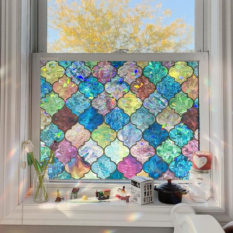 Stained Glass Window Privacy Film, 3d Static Cling Removable Window Clings, Painted Four-leaf Clover,, 78.7" H x 29.5" W