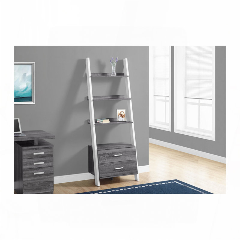 Bibliothèque, bibliothèque, étagère, échelle, 4 niveaux, h 69 po, bureau, chambre à coucher, stratifié gris et blanc, contemporain, moderne