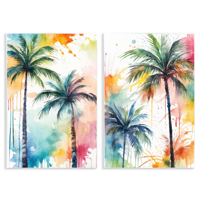«Watercolor Splash Towering Palms», ensemble de 2 plaques murales par Kim Allen, H 15 po x l 10 po