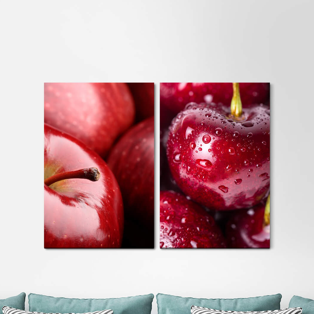 2-tlg. Leinwandbilder-Set - Grafikdruck „Apples Cherries Fresh Red Vegan Food Kitchen”