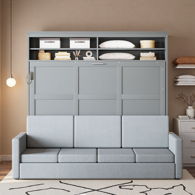 Grand lit escamotable avec canapé et tablettes, Gris