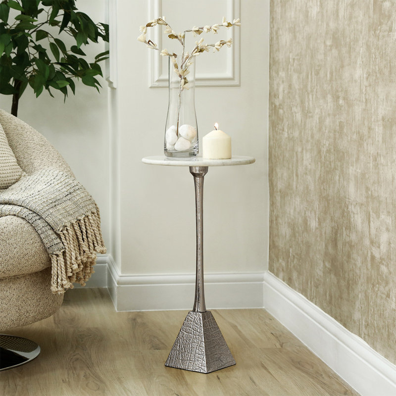 Marble Top Round End Table for Living Room Furniture, 55cm Tall Metal Sofa Side Table, Bedside Table, Silver, White