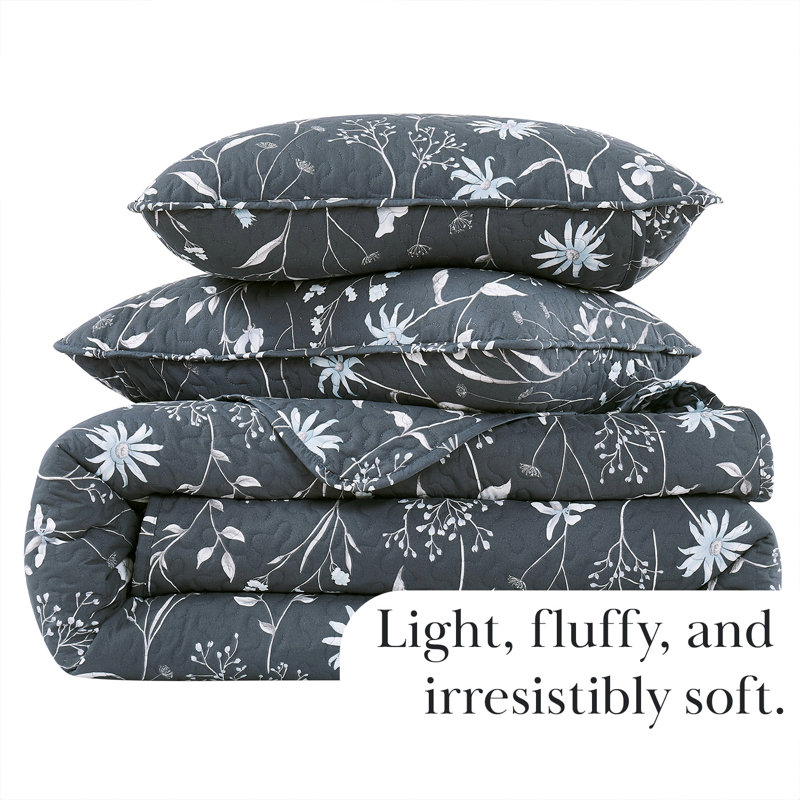 Secret Meadow Microfiber Reversible Quilt Set, Blue, Twin Quilt + 1 Standard Sham