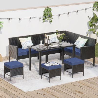 Small Space Patio Furniture 7-Piece Outdoor Furniture Set, Backyard Furniture Set, Waterproof Seat Cushion, Glass Table, Space Saving, Suitable For Backyard, Terrace Or Garden