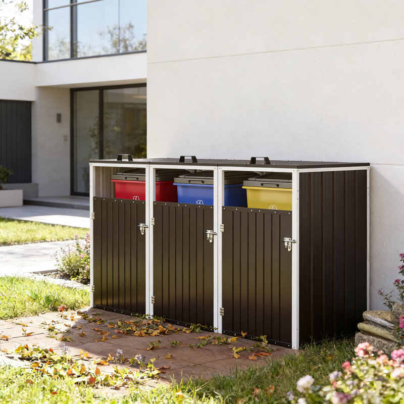 Outdoor Trash Bin Storage Shed Holds 3 Cans With Pneumatic Lid Support, Lockable Doors, And Waterproof Chain-Linked Lid System.
