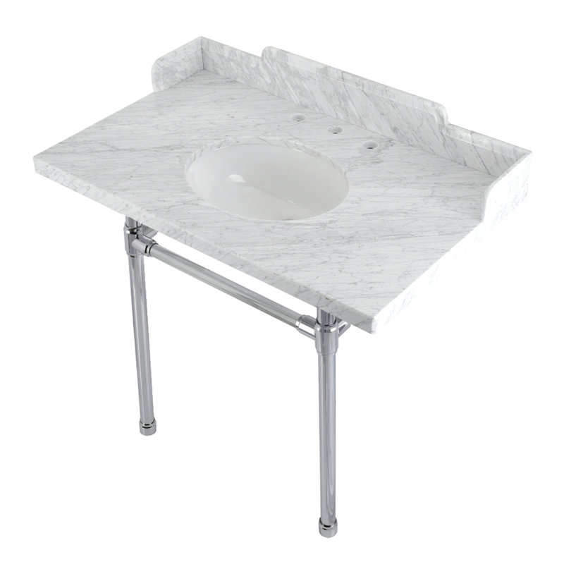 Kingston Brass Dreyden 36-Inch Carrara Marble Console Sink with Stainless Steel Legs (8-Inch, 3-Hole)