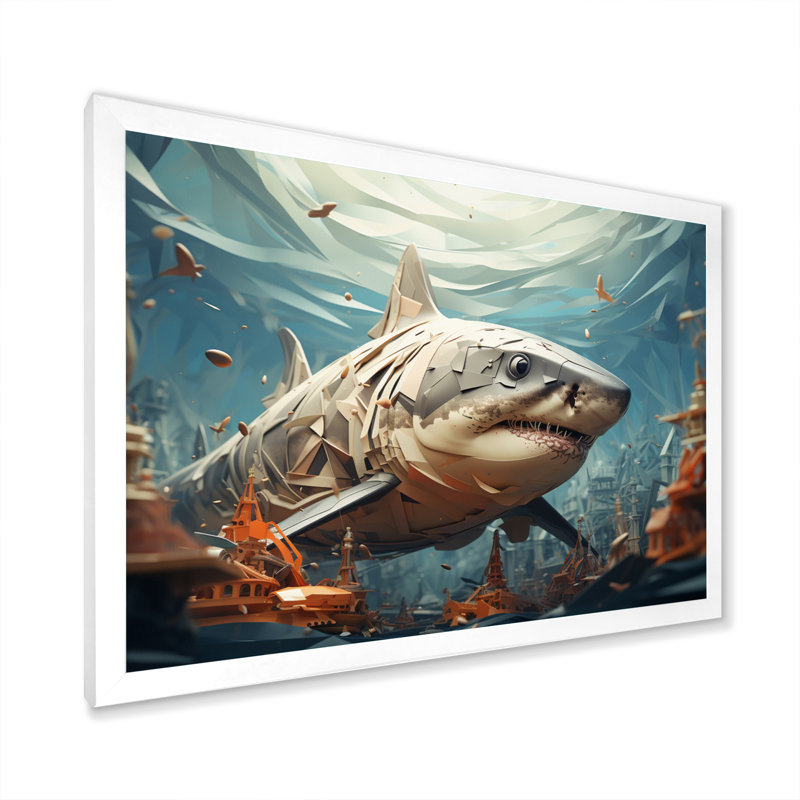 " Shark Coastal Guardian ", White Single Picture Framed, 16" H x 32" W x 1" D