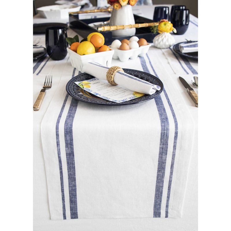 French Stripe - 100% Pure Linen Table Runner, Navy/White, 156" x 14"