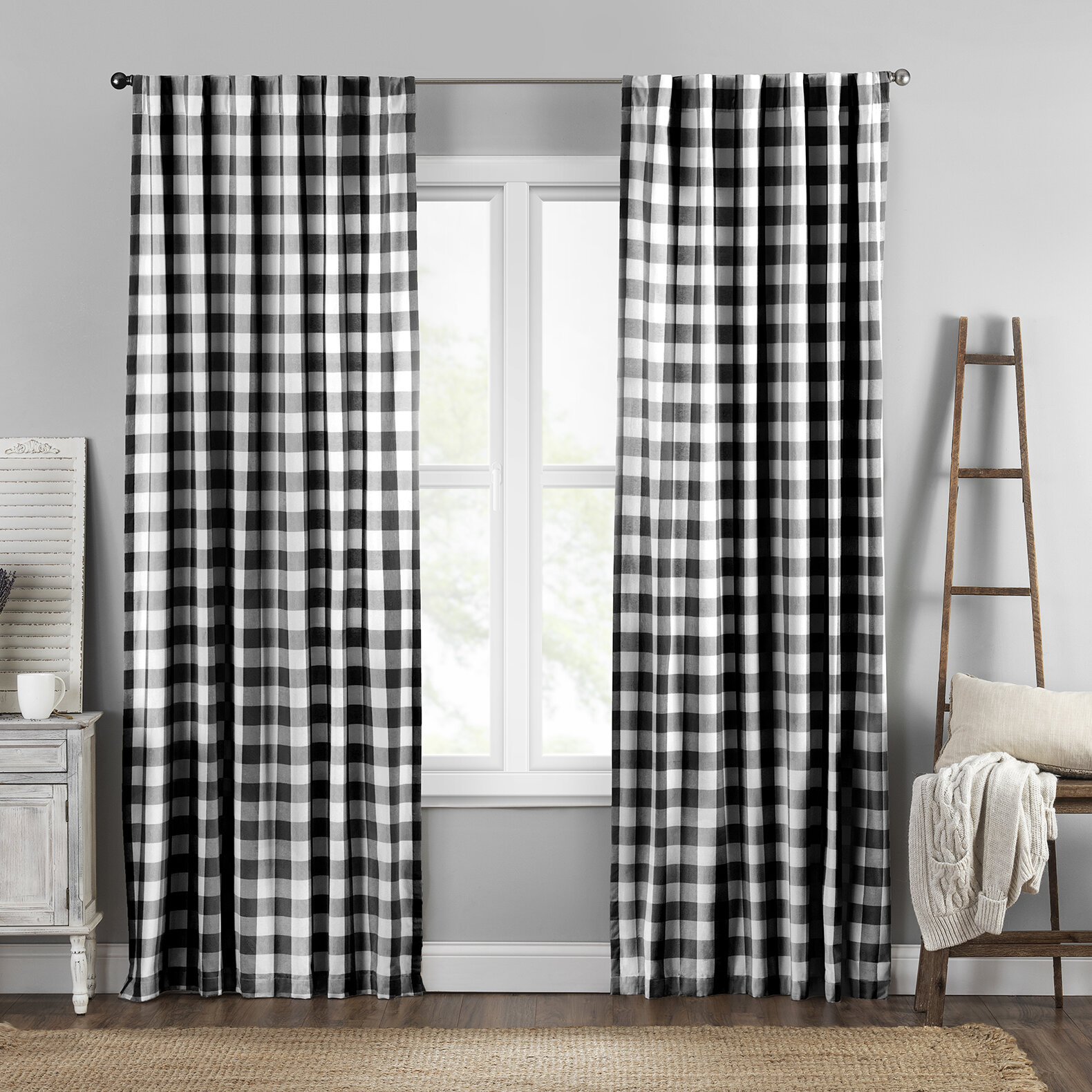 Checkered Kitchen Curtain Farmhouse Buffalo Plaid Semi Sheer Cafe Curtain,  Home Decor Light Filtering Drapes for Bathroom Bedroom, 2 Panels