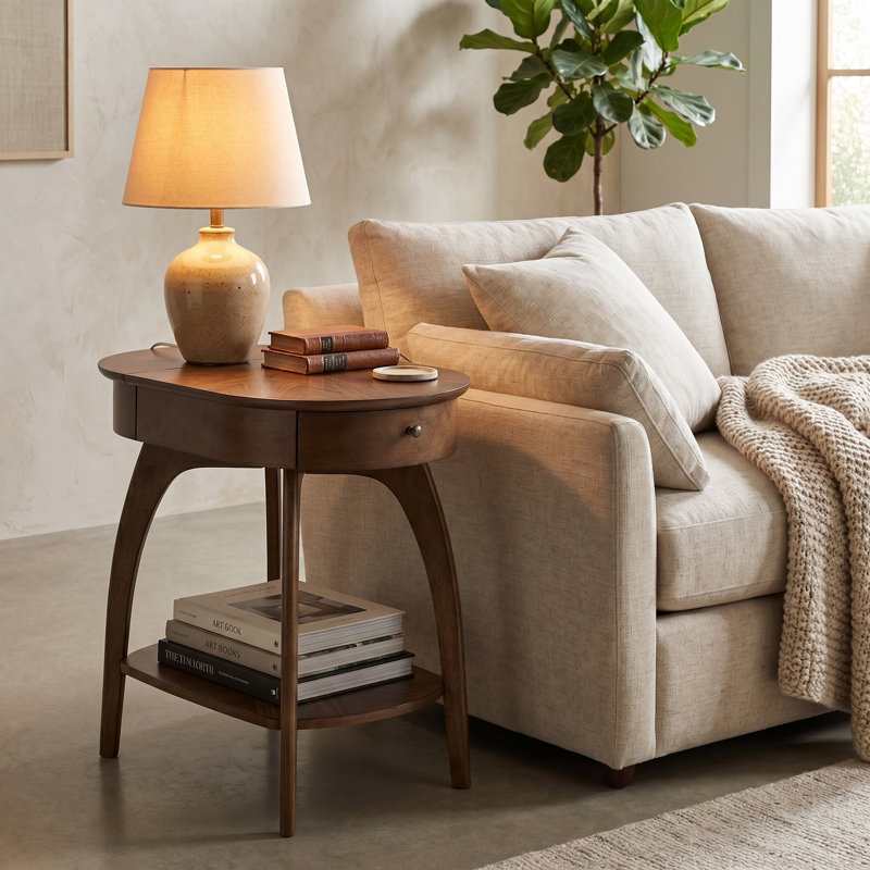 Table d'appoint Tommy Mid-Century Modern avec station de recharge, Noyer brun