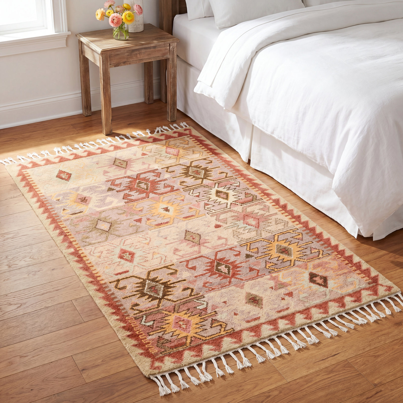 Beige Red Yellow Hand-Knotted Wool Rug, Rectangle 9' x 12'