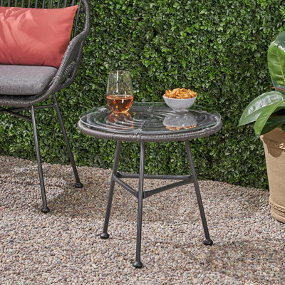 Orlando Outdoor Glass Top Faux Rattan Side Table,Tempered Glass Top End Table For Balcony Porch Deck