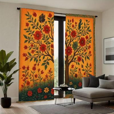 2Pcs Vibrant Tree of Life Curtains, Folk Art Floral Pattern, Rod Pocket Light Filtering, Rustic Vintage Style, All-Season For Living Room Bedroom Study Window Decor