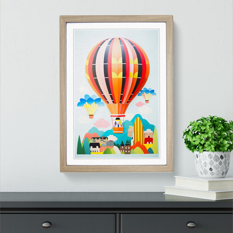 Hot Air Balloon Constructivism - Single Picture Frame Print on Wood, Oak, 46cm H x 34cm W x 2cm D