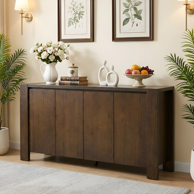 Buffet Storage Cabinet For Dining Room, Kitchen, Wood 4-Door Sideboard With 4 Compartments, Walnut