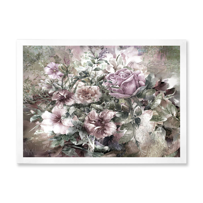 «Grunge Pink Grey Summer Flowers», reproduction sur toile flottante, H 24 po x l 36 po x P 1 po, Cadre photo blanc