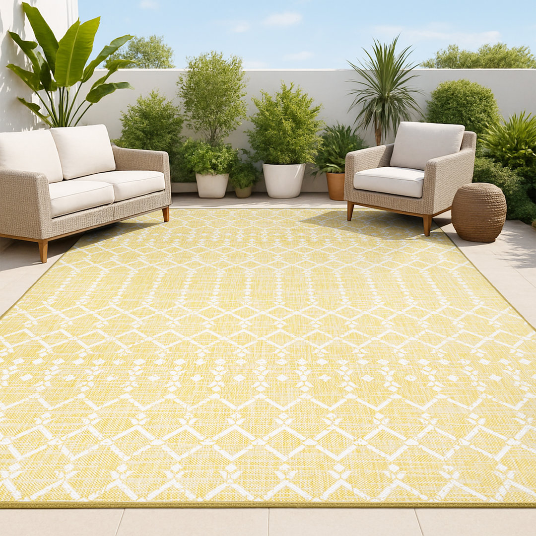 Krystina Moroccan Geometric Textured Weave Yellow/Cream Indoor/Outdoor Rug Dakota Fields Rug 