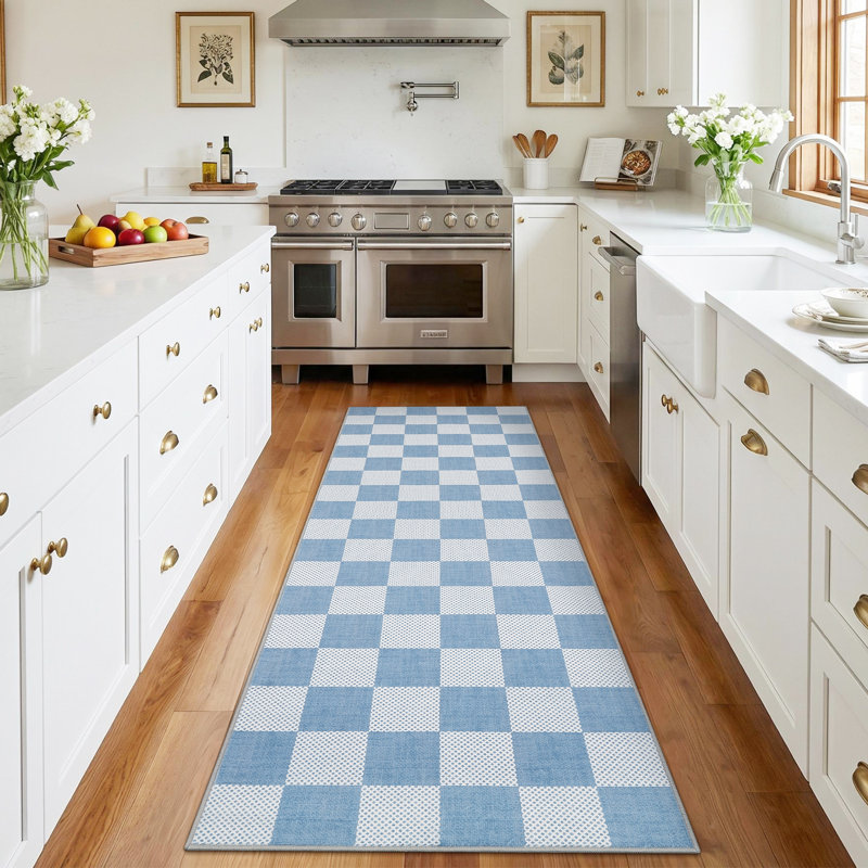 Tapis multicolore à carreaux lavable avec envers antidérapant, Bleu, 2 x 6 pi