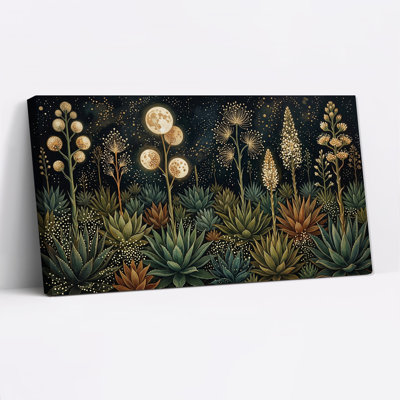 "Succulents and Glowing Moons" sur fond sombre, art mural sur toile