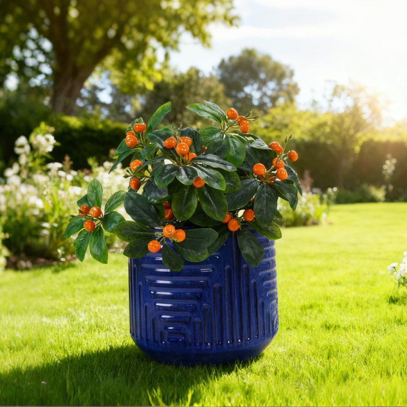 Pot de fleurs rond en céramique de 40 cm (16 po), grand pot intérieur/extérieur avec trou de drainage - Bleu foncé