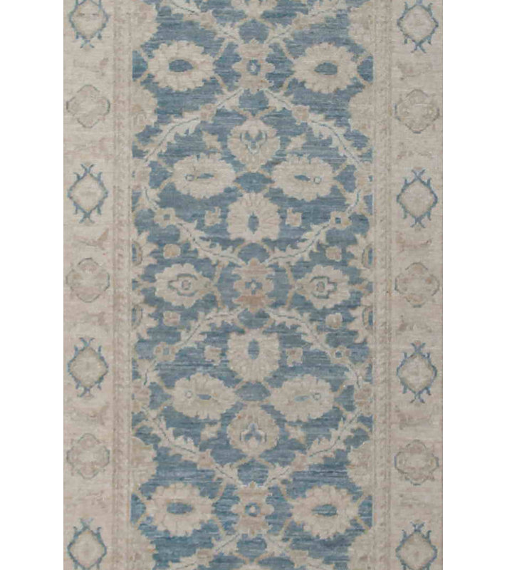 Tapis de couloir unique en laine noué à la main des années 2010 de 3 pi x 9 pi beige / bleu Denver