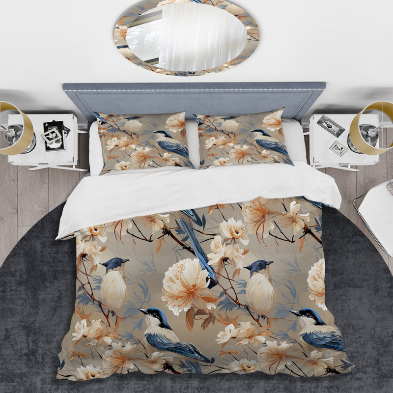 Ensemble de housse de couette à motif floral beige et bleu, Housse de couette simple + 1 taie décorative stan
