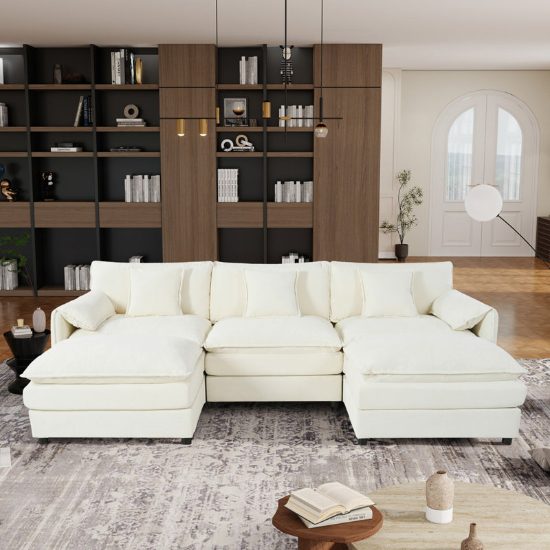Modular Sectional Sofa with 2 Movable Ottomans (Beige)