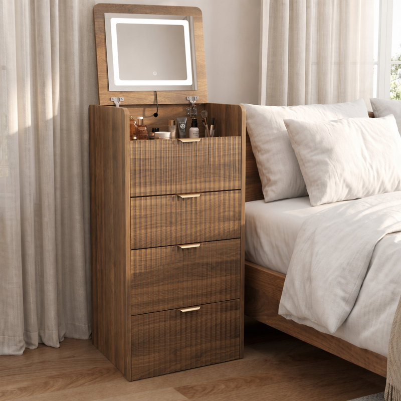 Meuble-lavabo 3 en 1 avec tabouret roulant, 3 tiroirs et charge, meuble-lavabo compact avec miroir rabattable et lumières