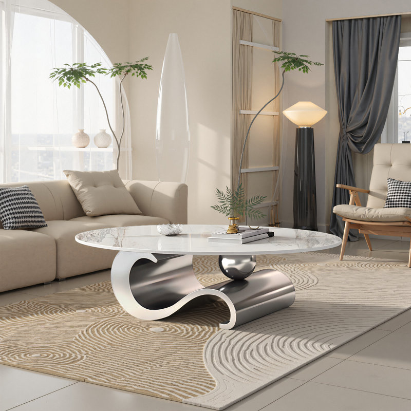 Luxury Oversize 51in. L Oval Coffee Table with Musical Note Base Modern Accent Piece for Living, Silver