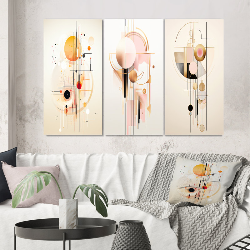 «Circular Boho Chic Geometrics in Retro Pink I», ensemble de 3 pièces sur toile, H 28 po x l 36 po, Toile tendue
