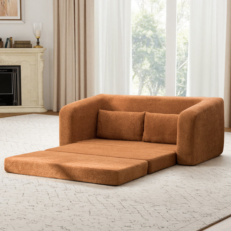 Boneless 71"W Chenille 2-In-1 Pull Out Sofa Bed,Convertible Loveseat With Pillow, Orange