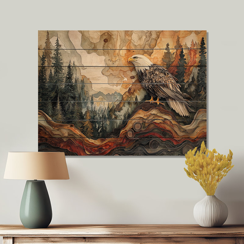 Aigle dans un grand paysage de forêt - Décoration murale animal en bois d'aigle - sur bois de pin naturel, H 24 po x l 32 po