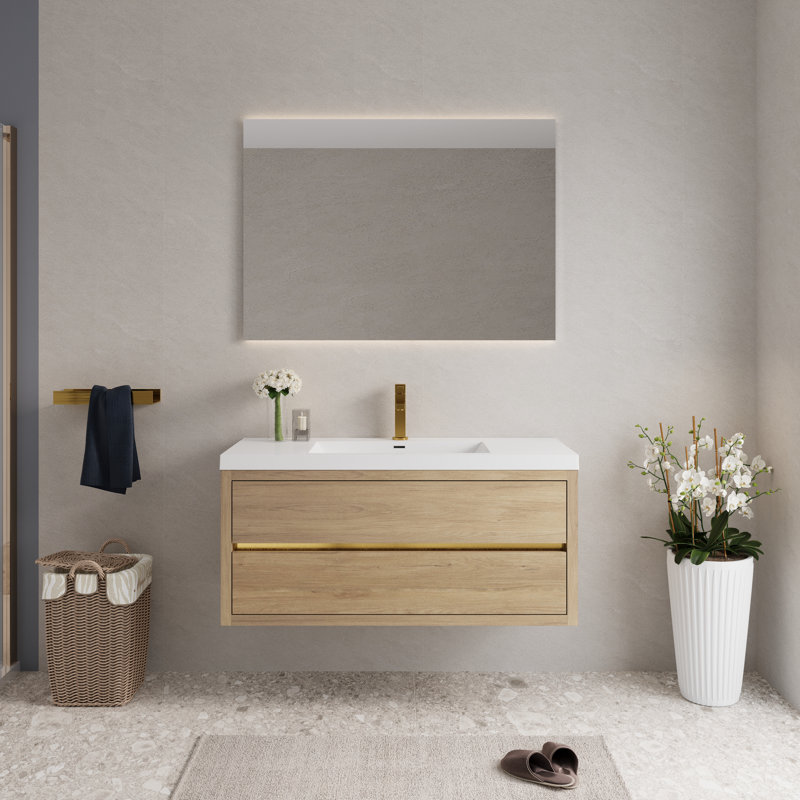 48" Wall-Mounted Bathroom Vanity Floating Single Sink Vanity with Stone Resin Top and Basin, 2 Soft Close Drawers
