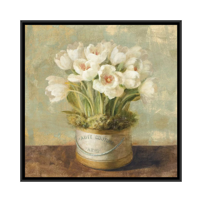 «Hatbox Tulips» par Danhui Nai - reproduction d'art, H 12 po x l 12 po x P 1,5 po, Toile avec cadre noir