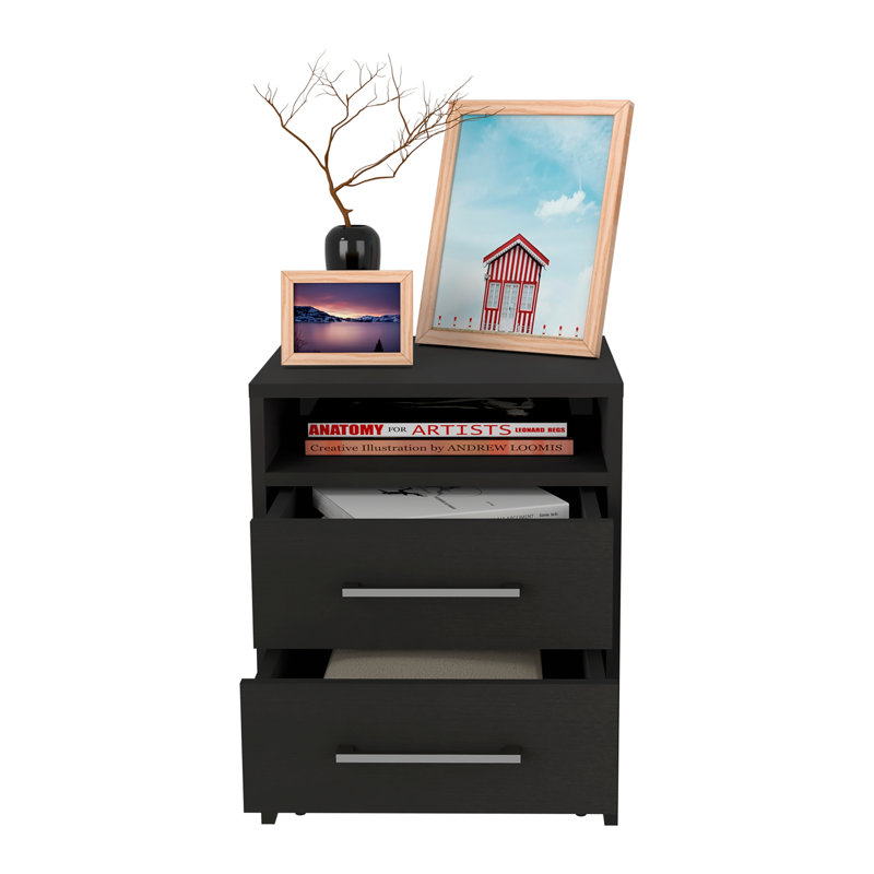Table de chevet compacte Eter avec deux tiroirs et une tablette, rangement de chevet minimaliste, Wengé noir