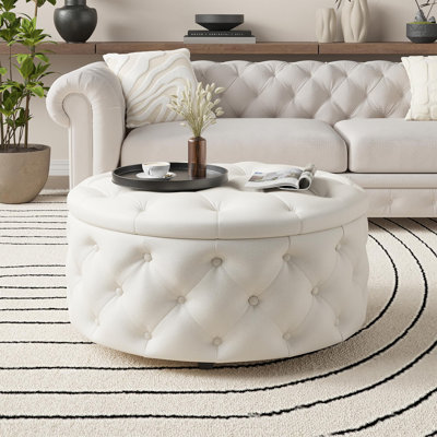 30 Inch Round Storage Ottoman, Large Circle Coffee Table With Storage Tray, Modern Button Footstool With Removable Lid