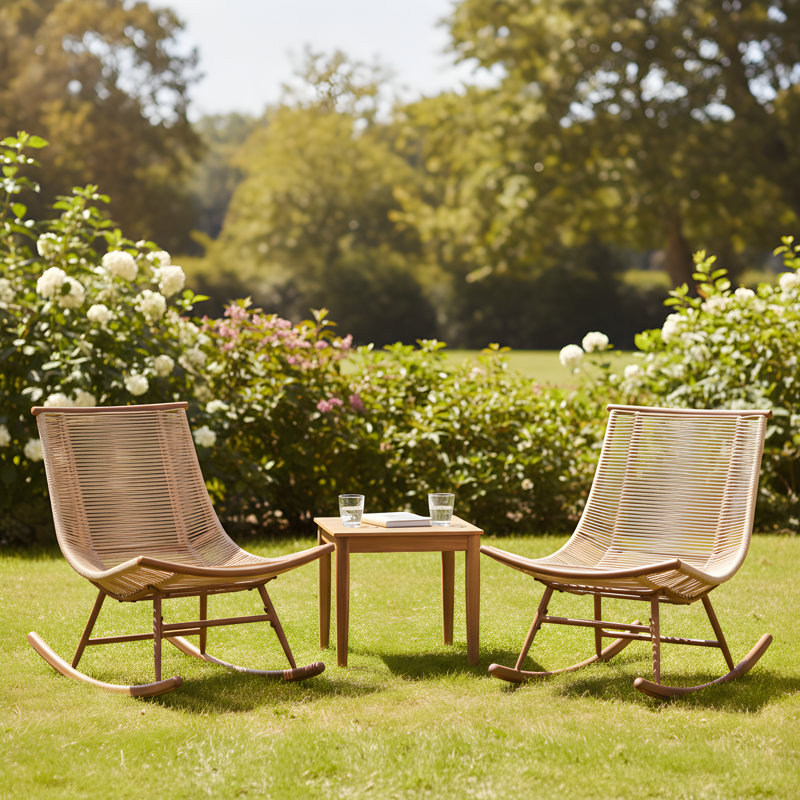 Liana Outdoor 3-Piece PE Rattan Conversation Set With Cushions & Acacia Top, 3 Pieces: Table, 2 Chairs