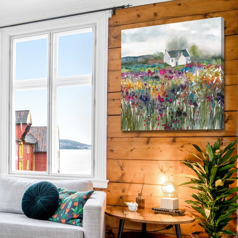«Wildflower Cottage» par Carol Robinson - Peinture, Toile tendue, H 28 po x l 28 po x P 1,5 po